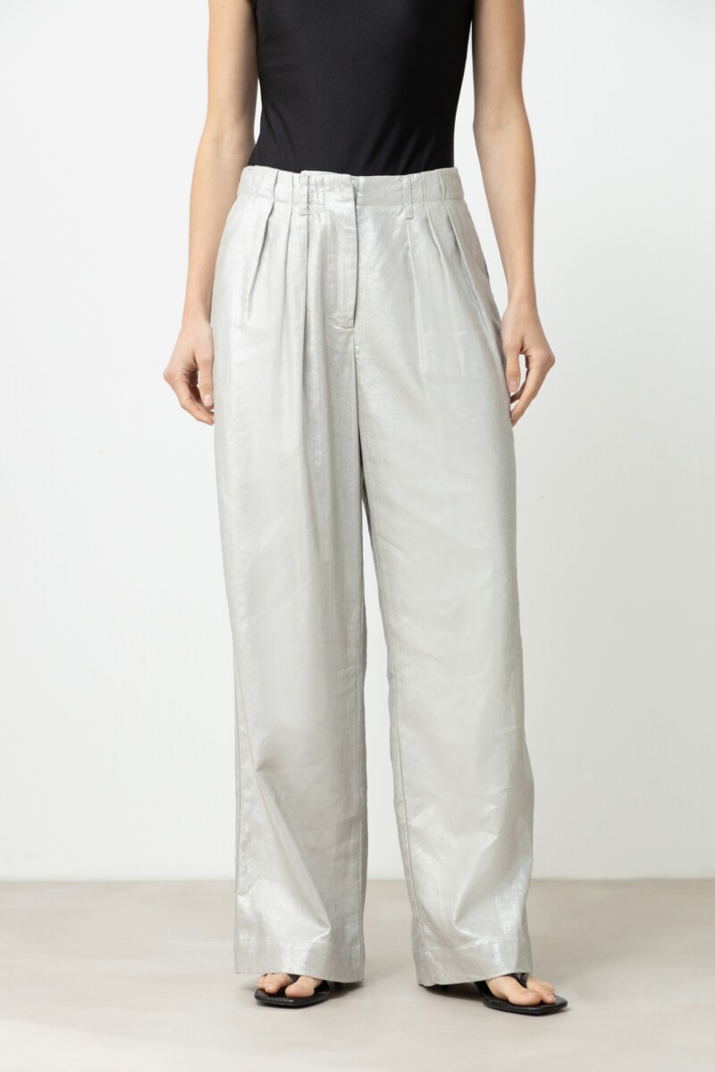 Pantalón pinzado de lino metalizado plateado