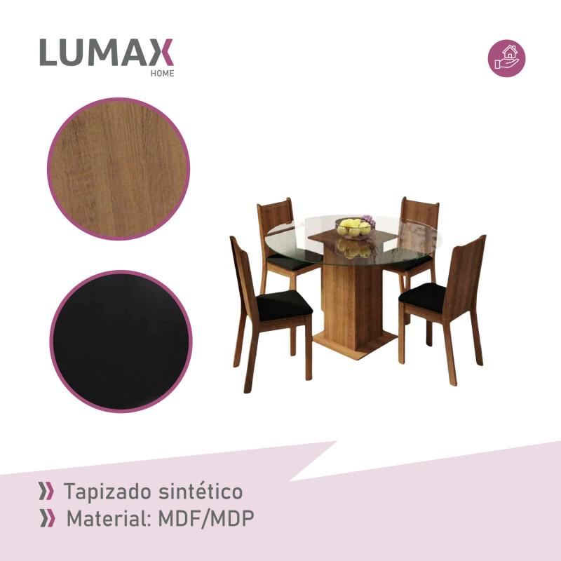 Juego de comedor con mesa redonda de vidrio y 4 sillas rústicas Negro