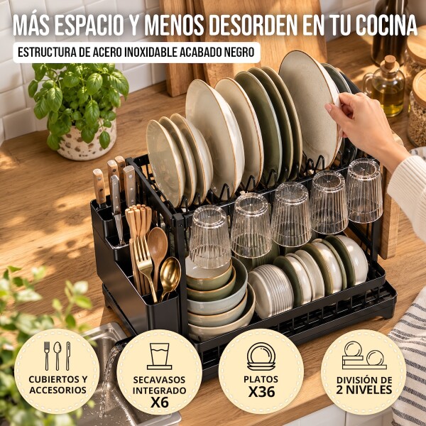Escurridor Seca Platos Vajilla 2 Niveles Con Bandeja Drenaje Agua Cocina Imback Color Negro Escurridor Seca Platos Vajilla 2 Niveles Con Bandeja Drenaje Agua Cocina Imback Color Negro