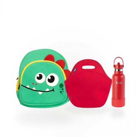 Set de mochila infantil animales de neopreno, lunchera de neopreno y botella de acero inoxidable 500ml brio set-lisaroja
