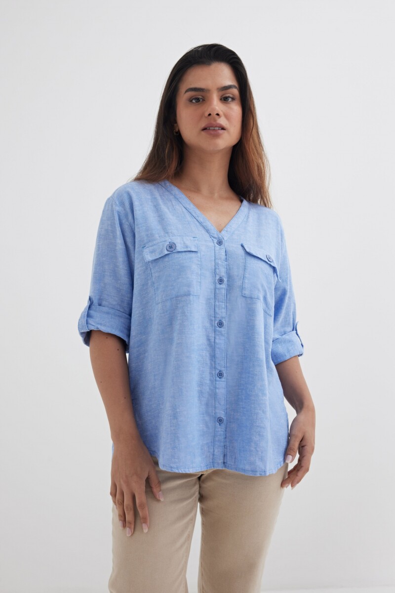 Camisa mangas 3/4 escote en V - Celeste 