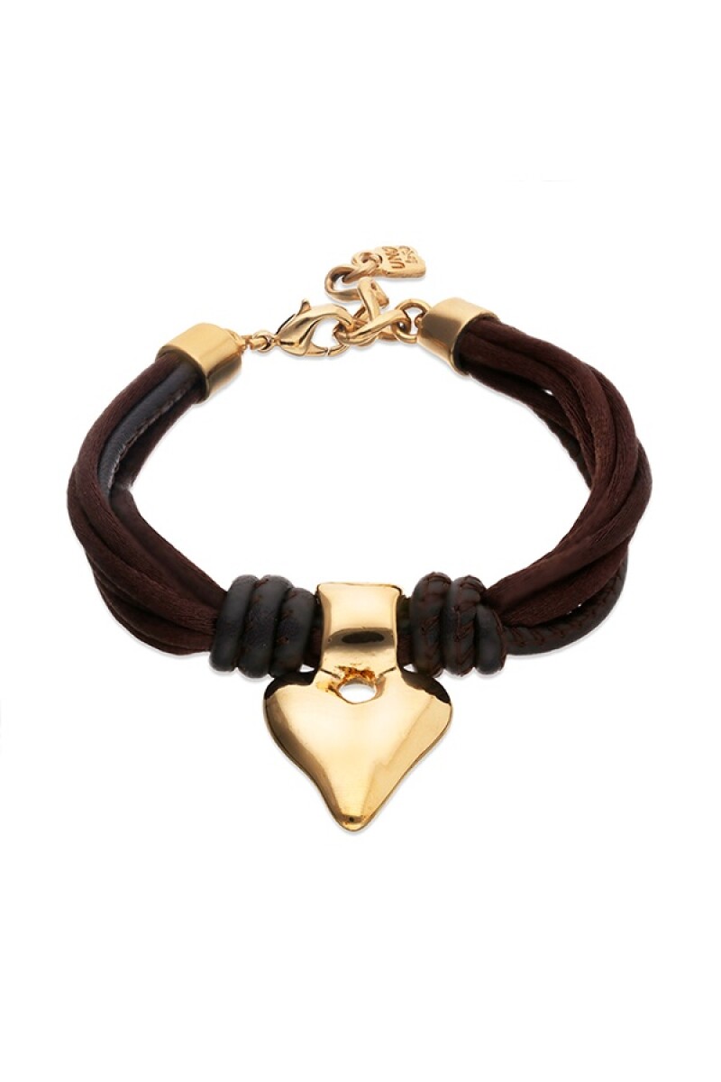 PULSERA MEZCLA DE HILO EFECTO SEDA CON CUERO MARRÓN Y DETALLE DE CORAZÓN BAÑADO EN ORO 18K - Pulsera 