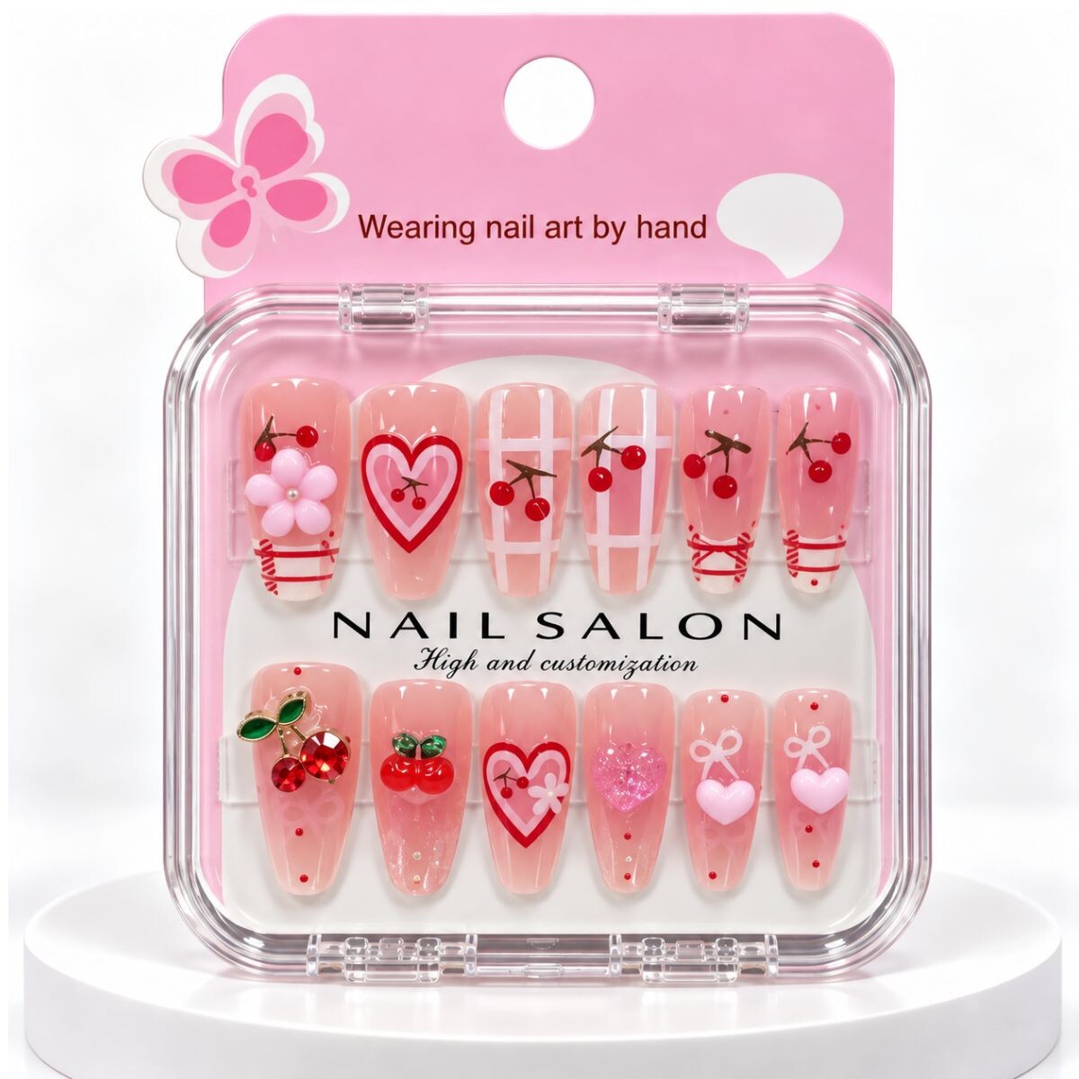 Uñas Postisas Infantiles 3D - Cerezas y Corazones 