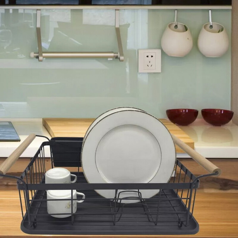 Escurridor de Platos en Metal con Asas de Madera Negro