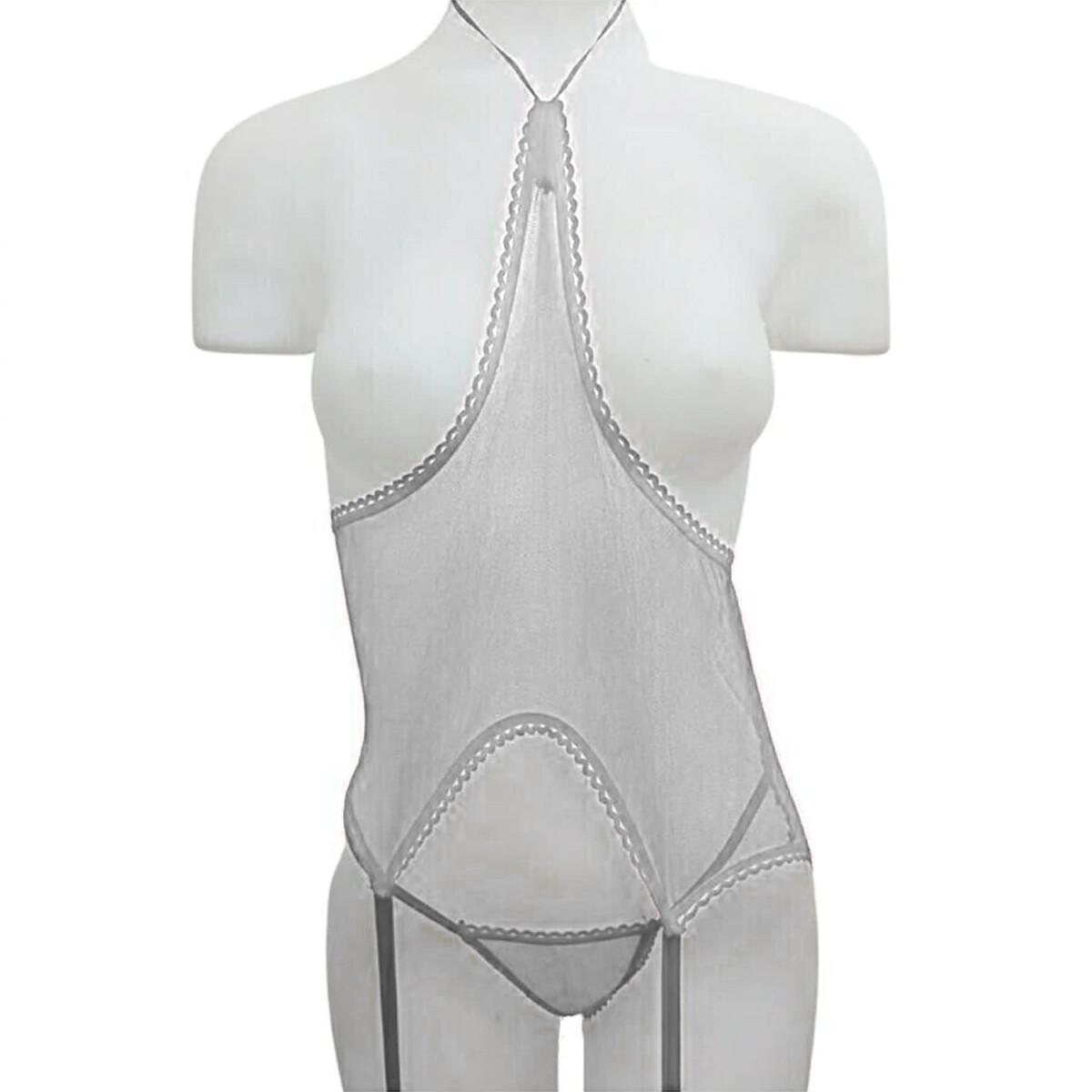 Corset De Tul Sin Tazas Con Portaligas Y Tanga - Blanco 