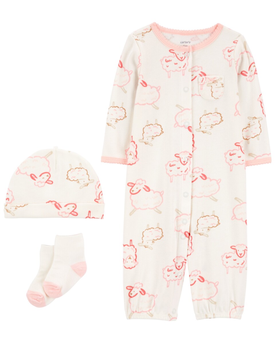 Pijama una pieza de algodón, convertidor, con medias y gorro, diseño ovejas 