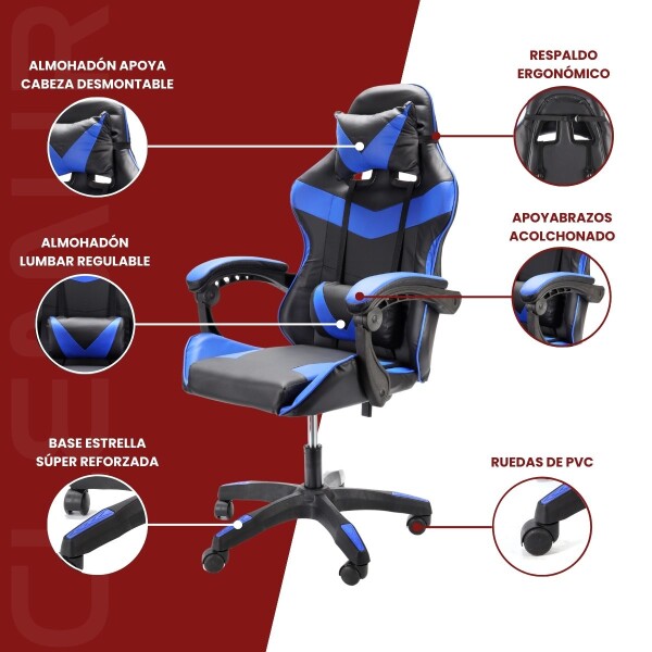 Silla Gamer Ergonómica Sillón Gaming Color Negro y Azul Silla Gamer Ergonómica Sillón Gaming Color Negro y Azul