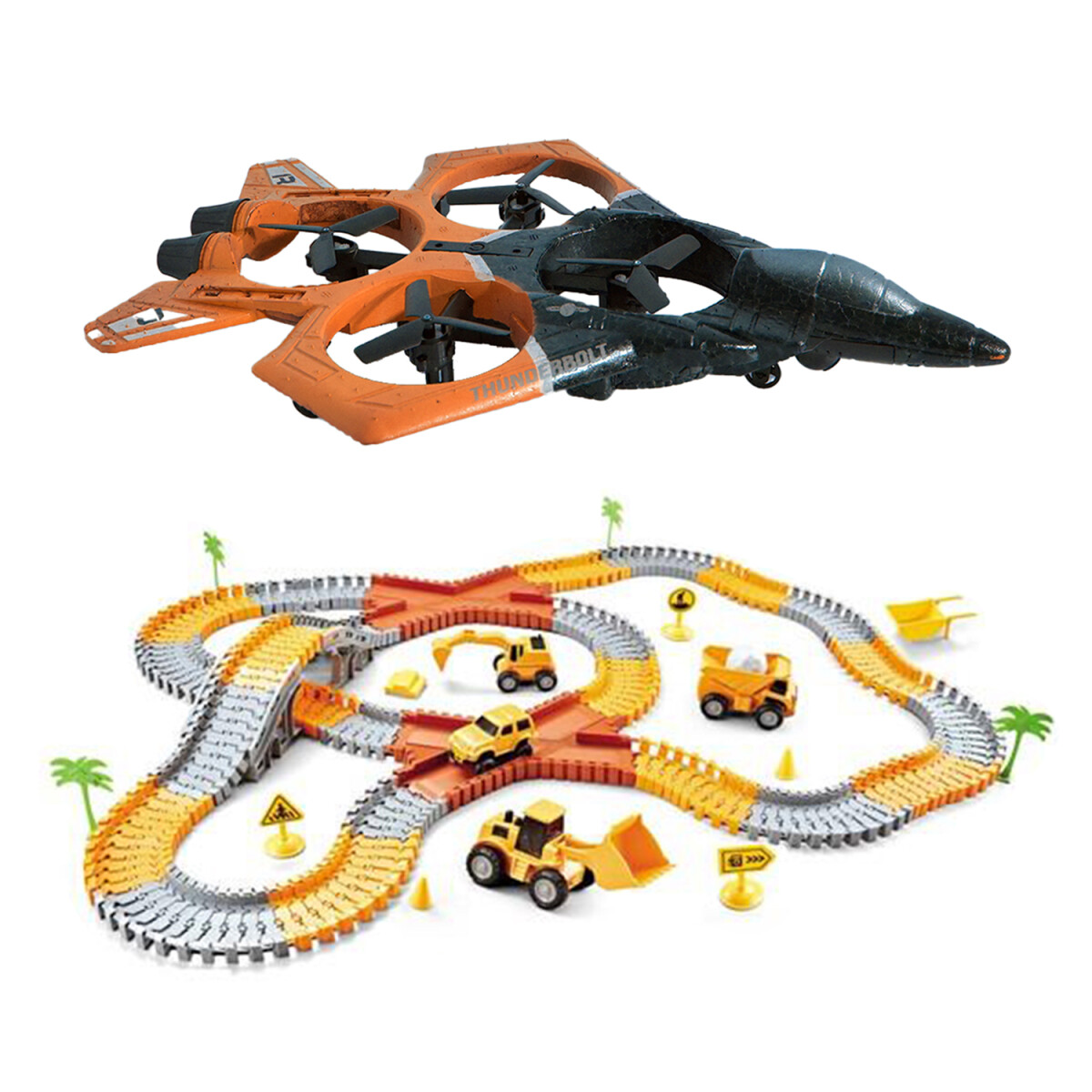 Set Pista Carreras Flexible Ciudad 210P + Avión Dron Remoto - Naranja 
