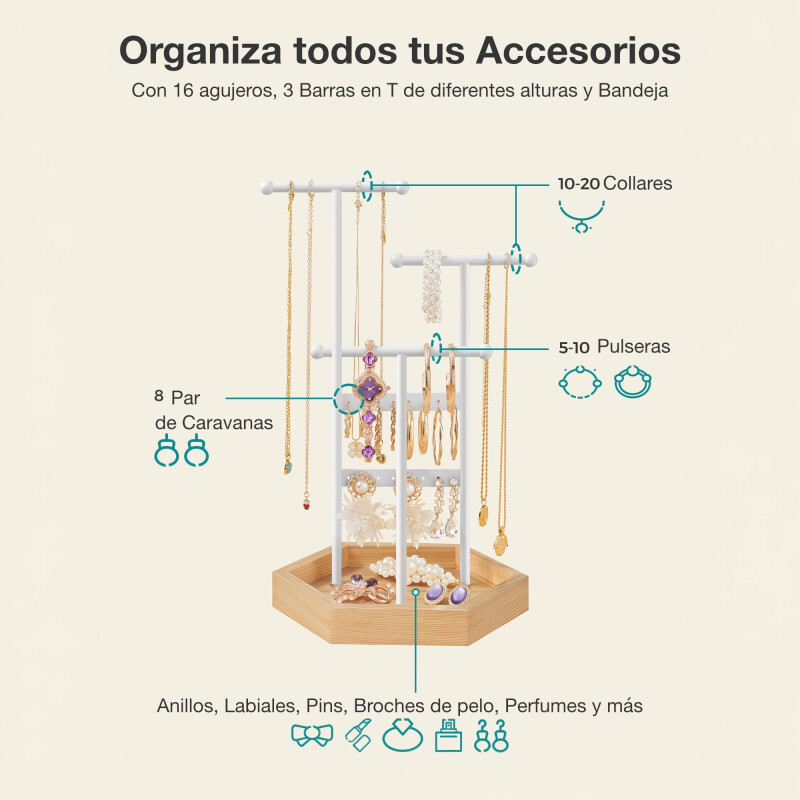 SONGMICS Organizadora de Joyas de Metal de 3 Niveles con Base de Madera – Soporte para Pulseras, Relojes y Pendientes Blanco