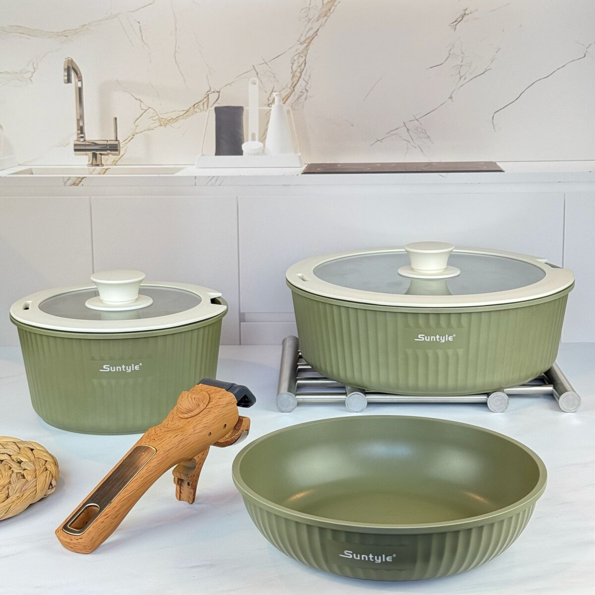 Juego De Ollas + Sarten Antiadherente 6 Piezas Con Mango Desmontable 