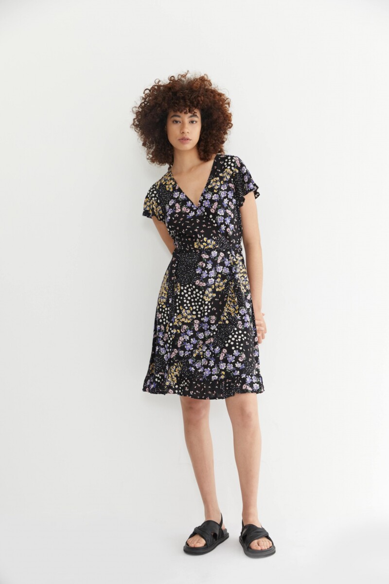 Vestido cruzado con estampado floral negro
