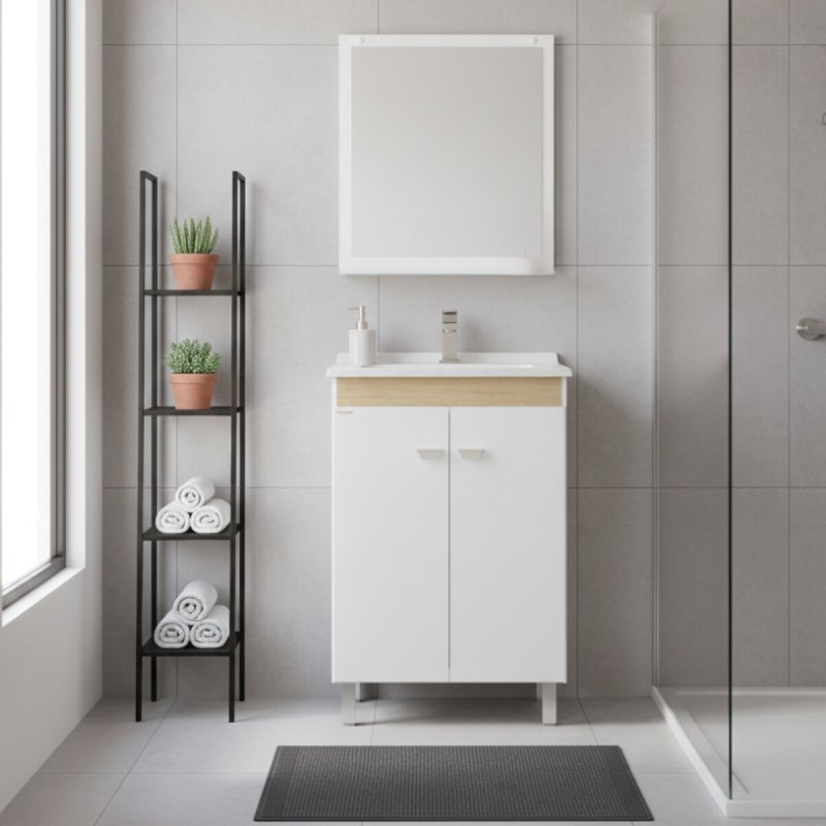 Mueble de Baño de Pie Atenea (56 cm) | Bicolor Blanco/Carvalho con Bacha de Marmolina 