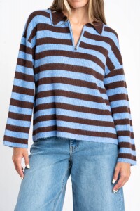 Sweater Polo Medio Cierre Rayado Chocolate