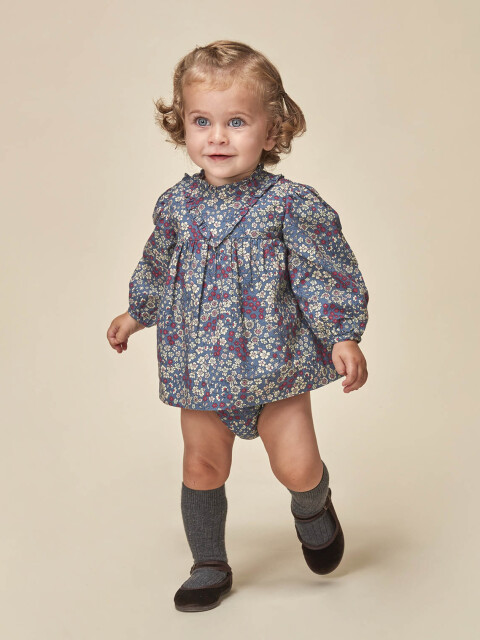 Vestido Flores Con Volante Azul Viejo