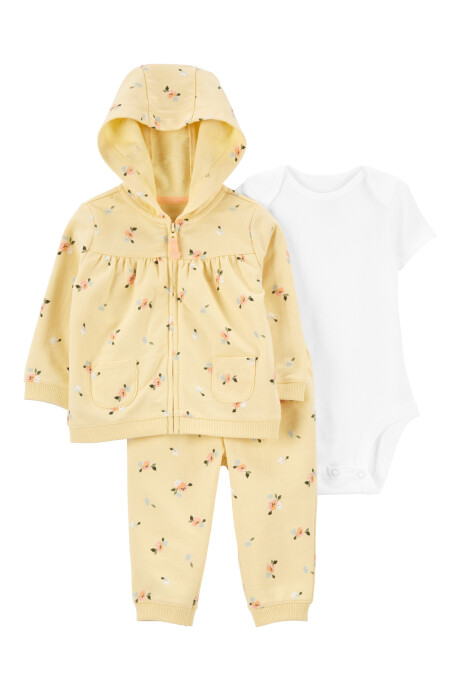 Set tres piezas campera, pantalón y body de algodón diseño floral Set tres piezas campera, pantalón y body de algodón diseño floral