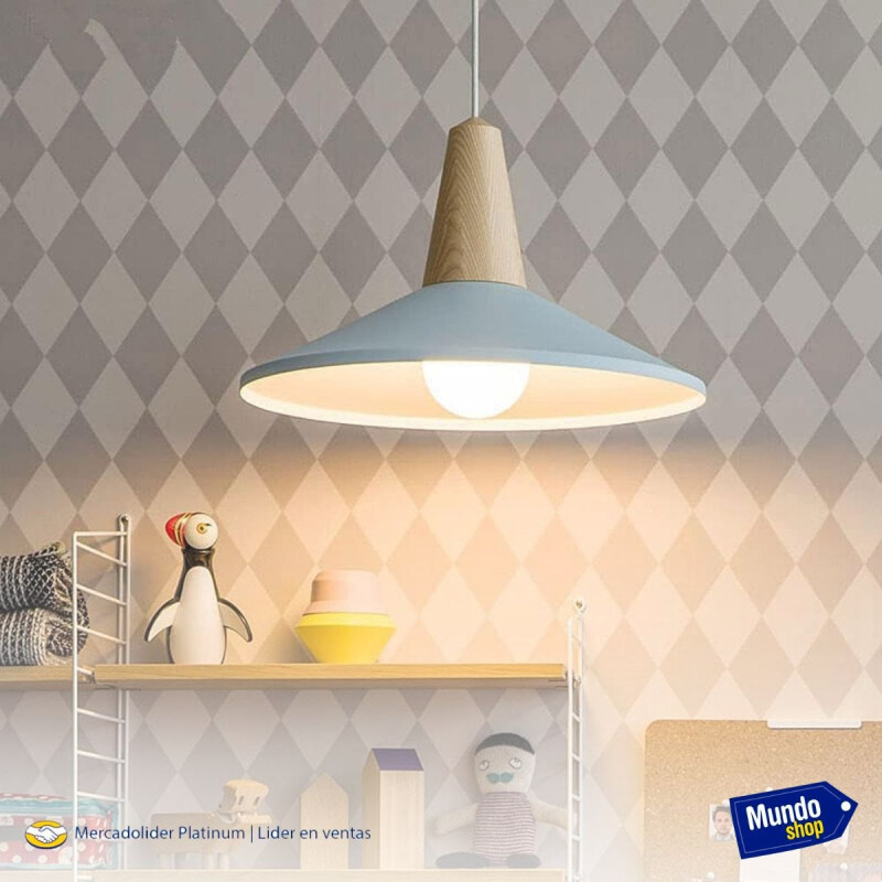 Lampara Colgante Metal Nordica Plato Deco Simil Madera Led Azul