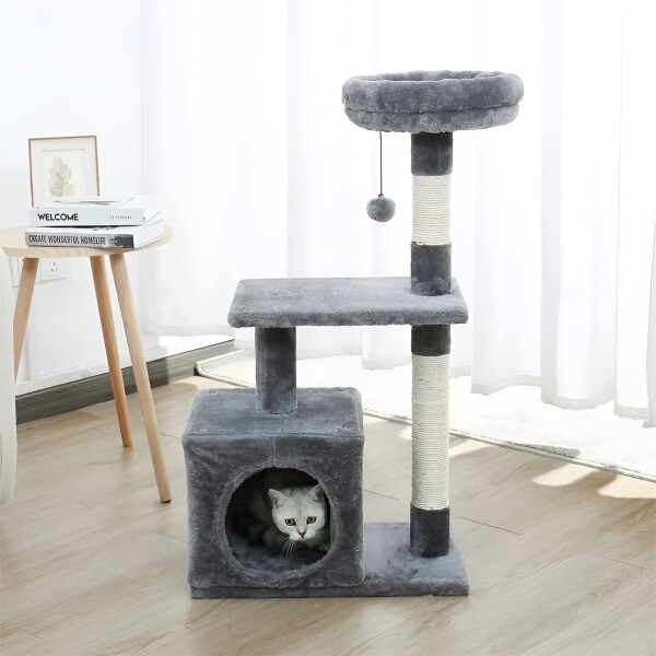 Rascador Torre 3 Niveles Felpa Y Sisal Para Gato Con Cama Color Variante Gris Oscuro