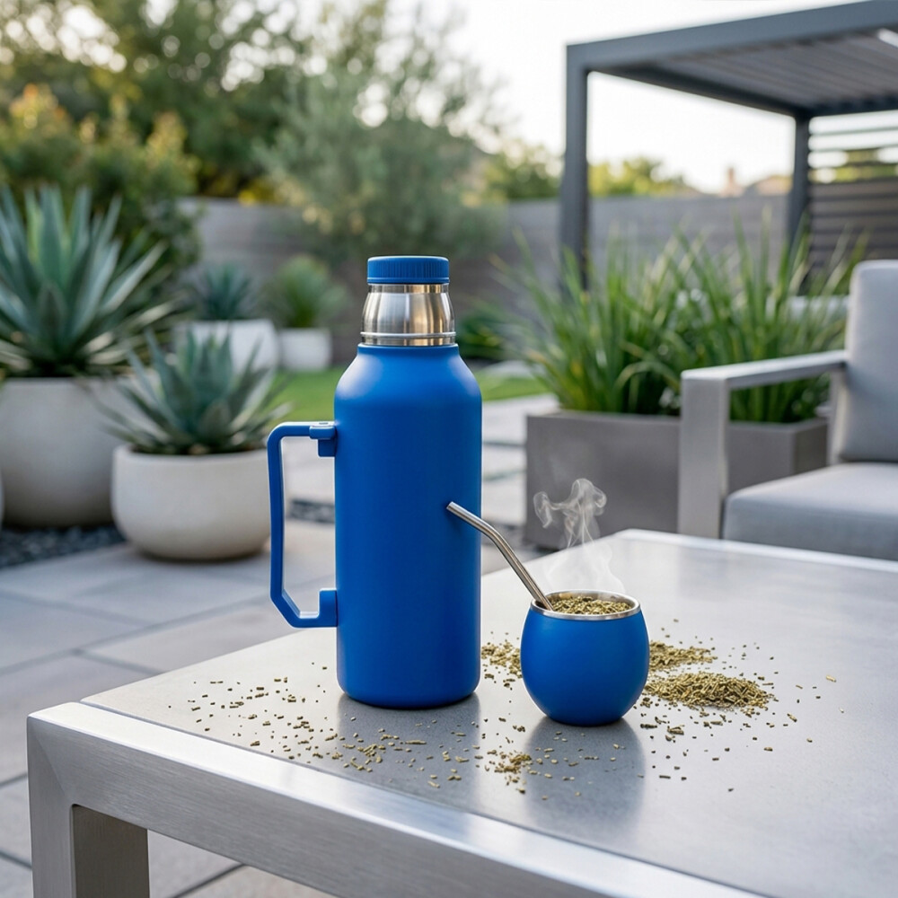 Set De Termo + Mate + Bombilla 1 Litro Acero Azul