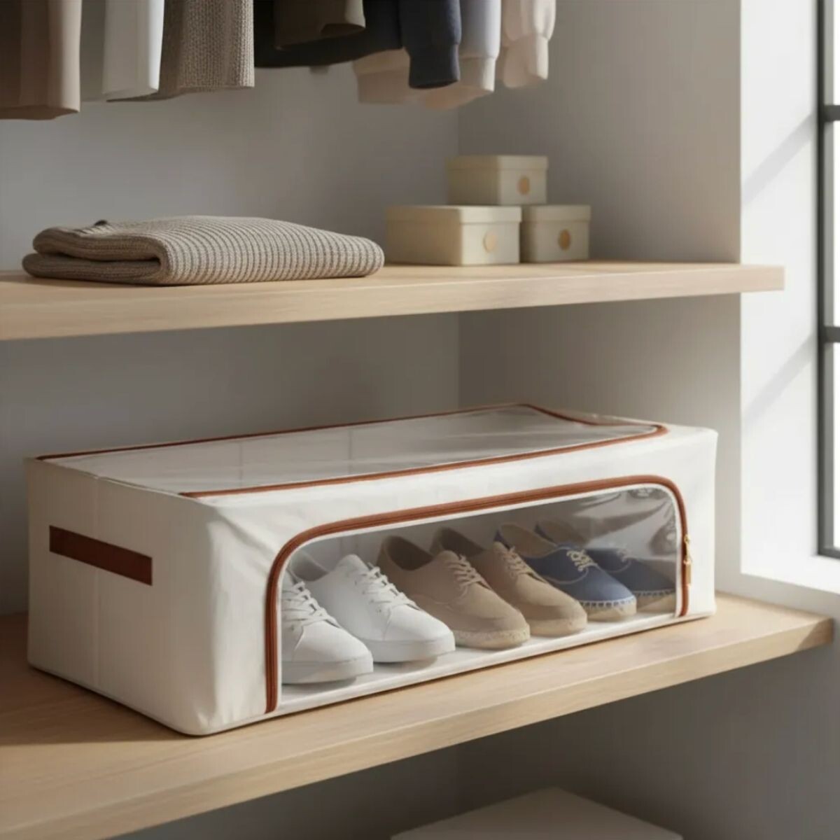 Caja Organizadora Zapatos Calzado Plegable Ropero Armario - Color Beige - Talle M 