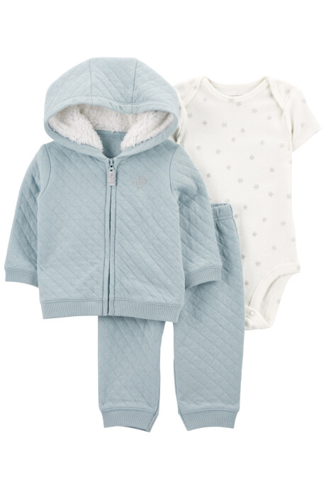 Set tres piezas de algodón, campera y pantalón capitoneados, más body, diseño copos Set tres piezas de algodón, campera y pantalón capitoneados, más body, diseño copos