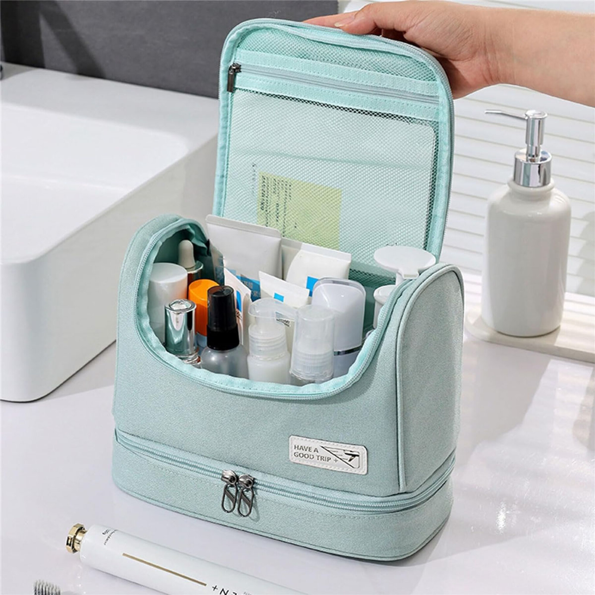 Neceser Organizador Portable de Viaje p Maquillaje Cosmetica Verde HTS