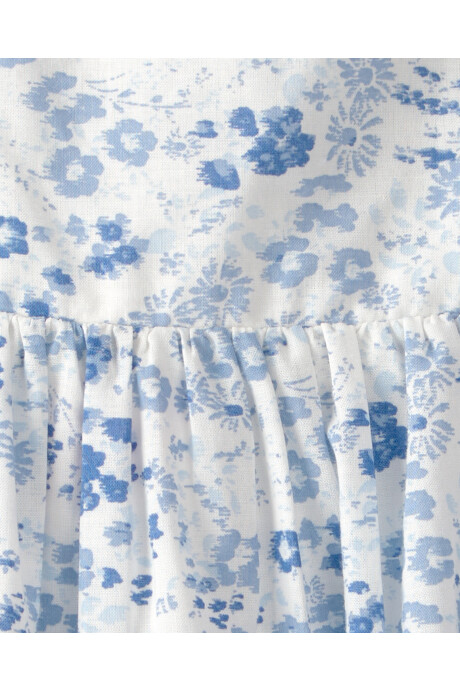 Vestido de algodón, mangas con volados, blanco y azul, diseño floral Sin color