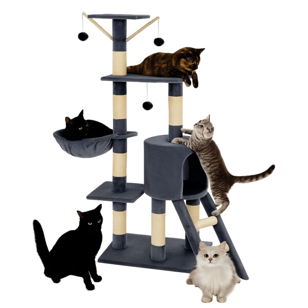 Rascador Torre 5 Niveles En Felpa Y Sisal Para Gato Juego Variante Gris Oscuro Pompom