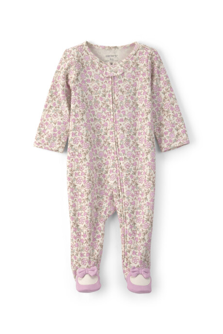 Pijama una pieza de algodón, con pie, lila y crema, diseño floral Pijama una pieza de algodón, con pie, lila y crema, diseño floral