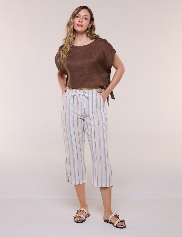 Capri De Lino A Rayas Con Cintura Ajustable BEIGE/MULTI