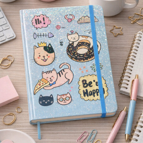 Cuaderno A5 con elastico gatito Celeste