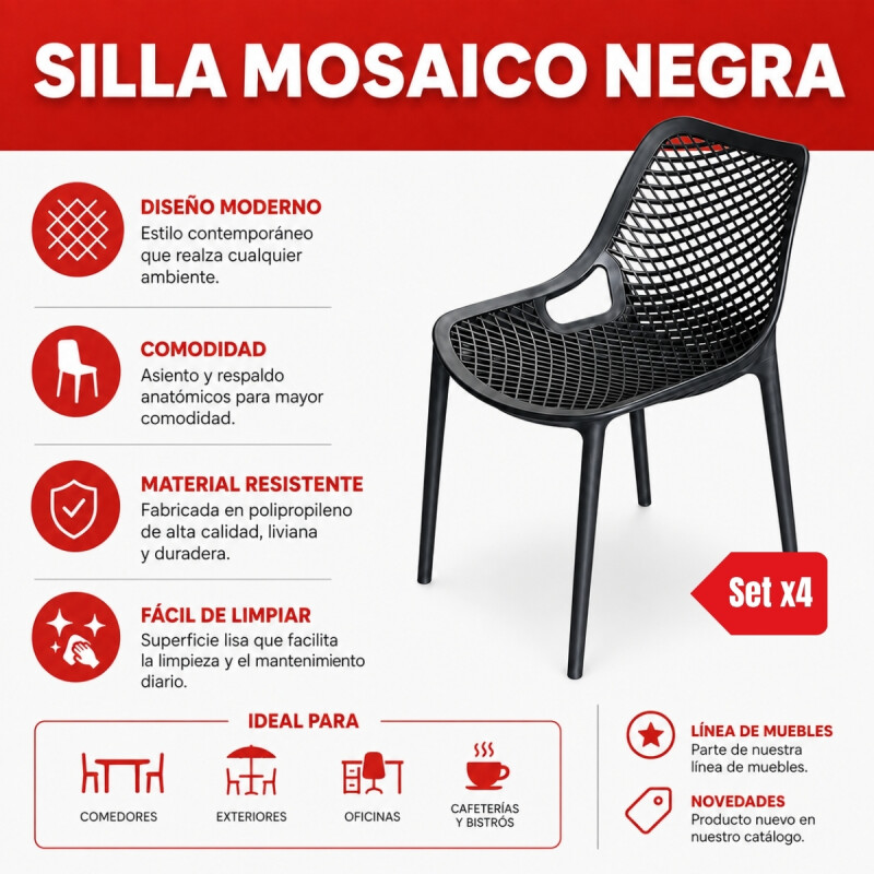 Set x4 Silla reforzada Mosaico NEGRO