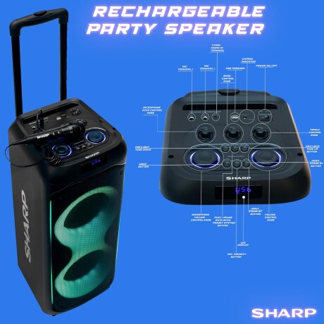 Sharp PS-935 Party Speaker - Parlante con Efecto Bass y Luce NEGRO
