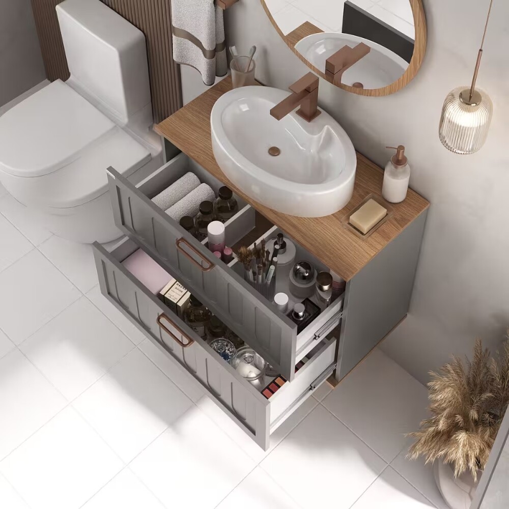 Mueble de baño suspendido Milena 78 cm Avellana/Catedral con bacha y espejo Mueble De Baño Suspendido Milena 78 Cm Avellana/catedral Con Bacha Y Espejo