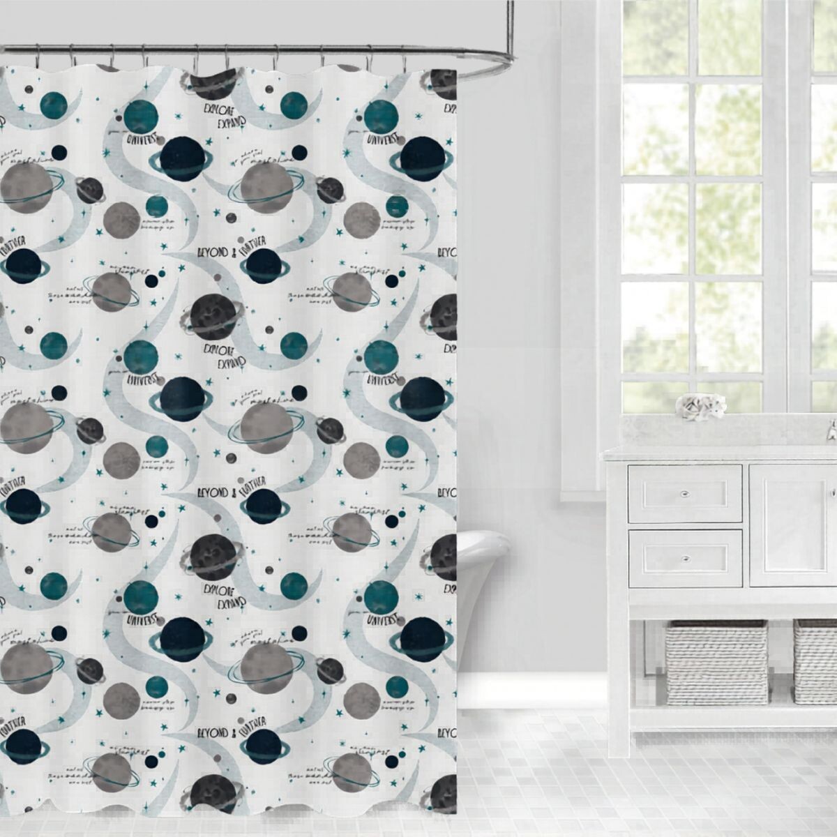 CORTINA BAÑO 180X180CM DISEÑO C/ARGOLLA PLASTICO 100%PEVA 