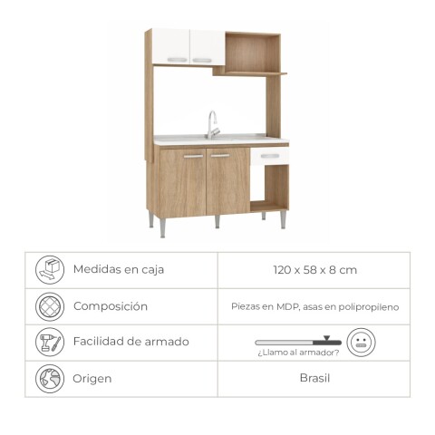 Kit de cocina compacta 4 puertas 1 cajón 122x52x187cm + Pileta Central Acero Reforzada con Hormigón + Monocomando Carvale / Blanco