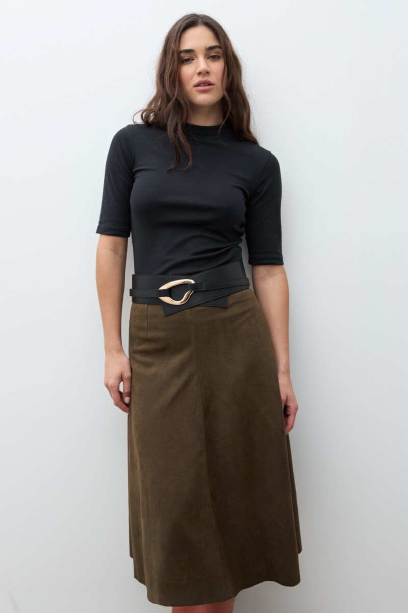 Falda midi simil gamuza verde oliva