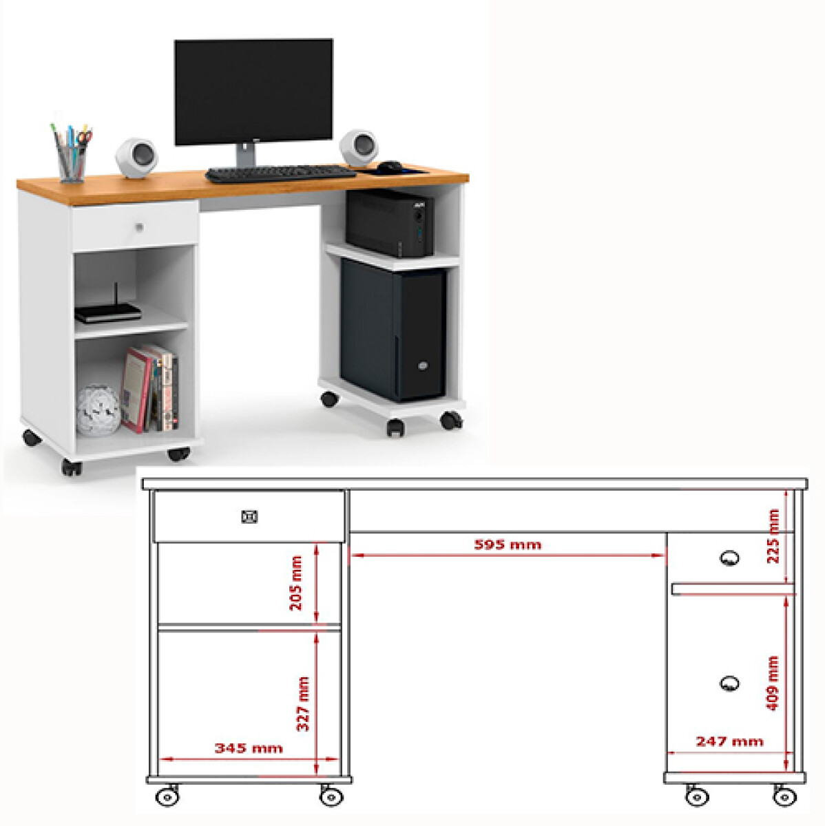 MESA PC SSL -CH 9056 1 Caj. + Estantes y Ruedas - N/A 