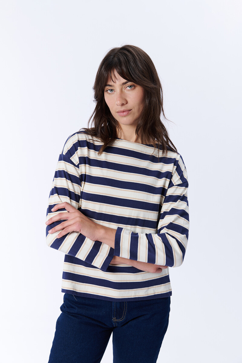 Remera Manga Larga Rayas - Crudo Y Azul Marino 