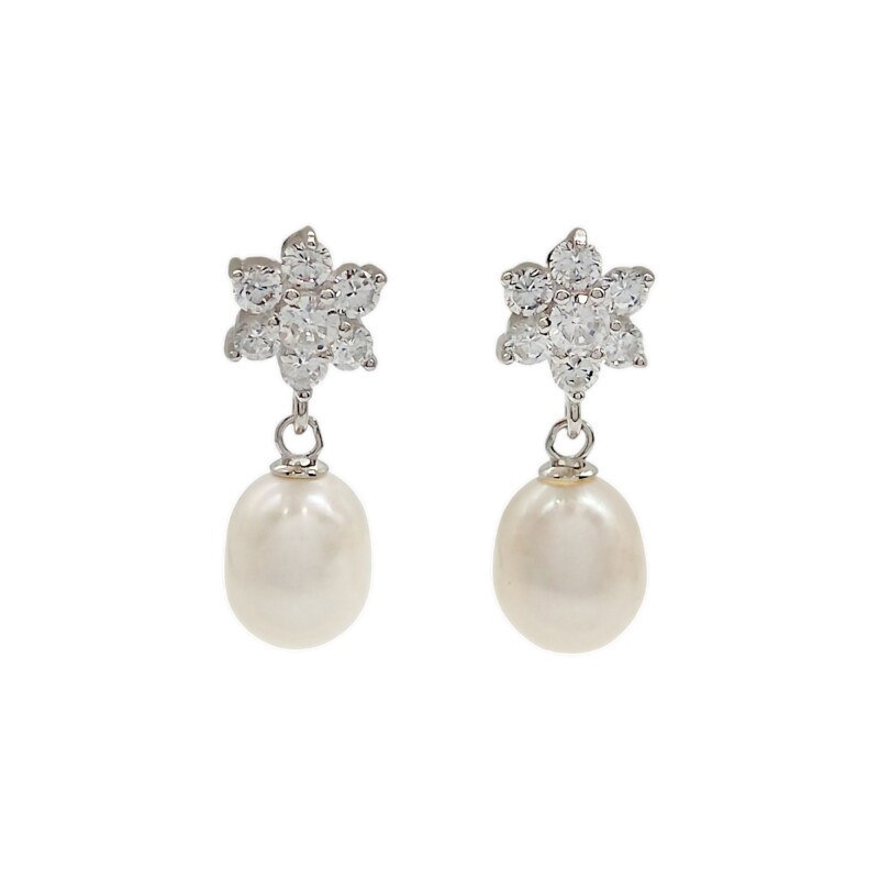 Caravanas Flor Perlas-Plata 925-Con Perla y Zirconia-CA3203 conperla