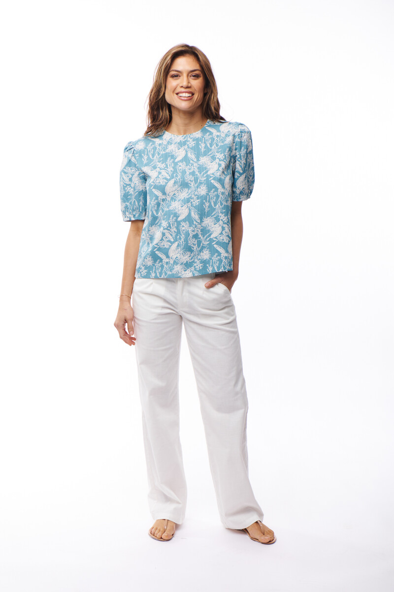 BLUSA CORALINA ESTAMPADO TURQUESA Y BLANCO