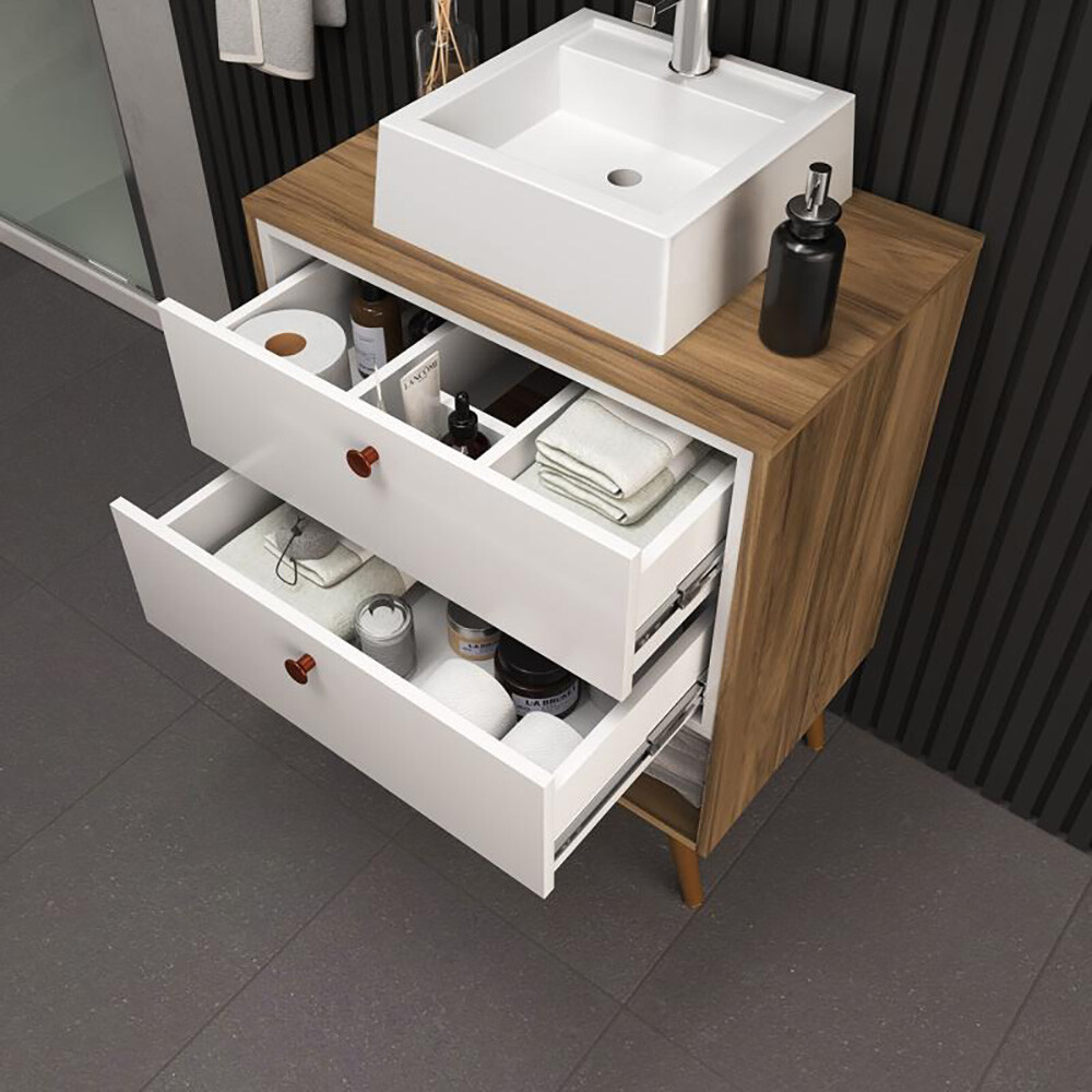 CONJUNTO DE BAÑO GAEL 60 CM COLOR NOGAL/BLANCO CON PATAS Conjunto De Baño Gael 60 Cm Color Nogal/blanco Con Patas
