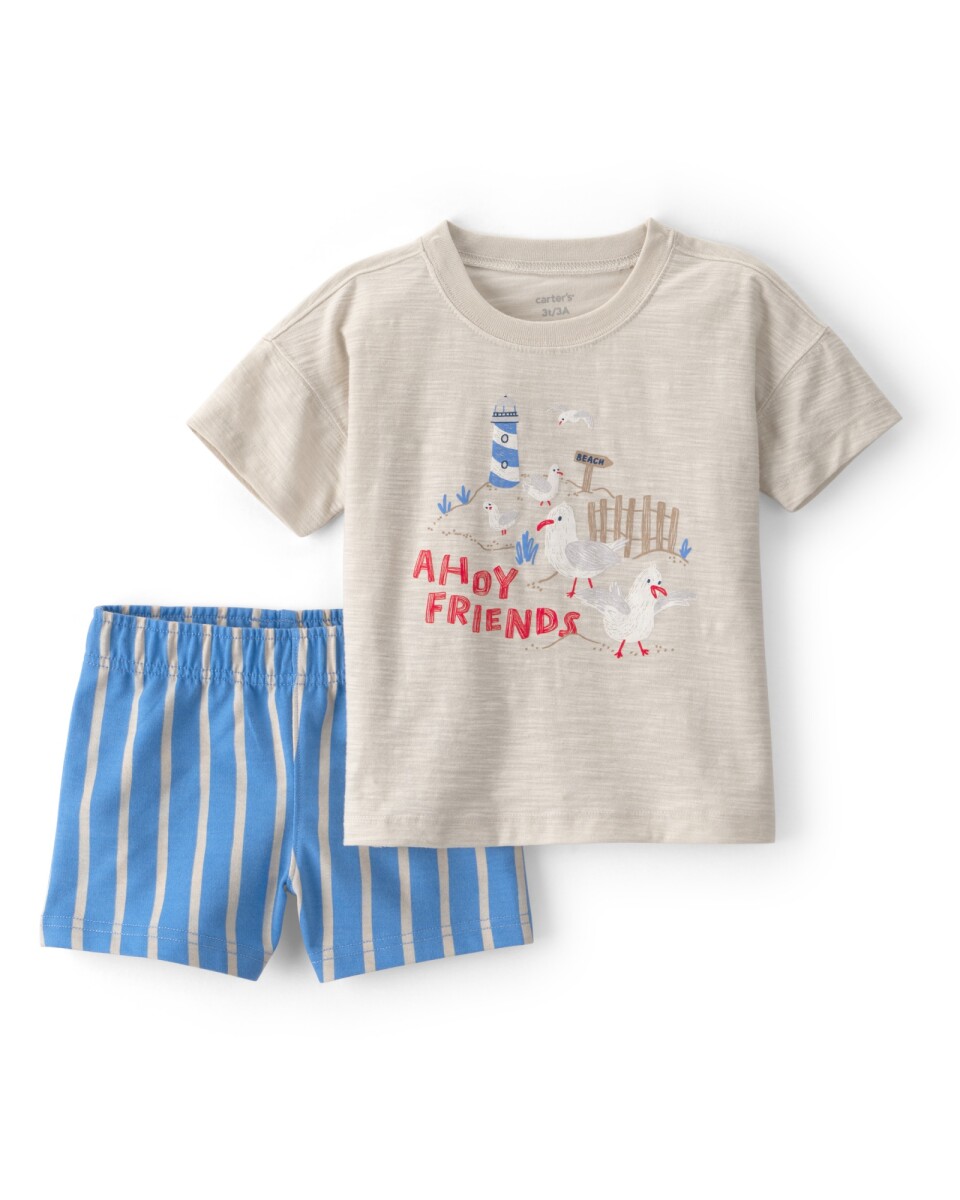 Set dos piezas de algodón, short a rayas y remera estampa gaviotas. Talles 2-5T 