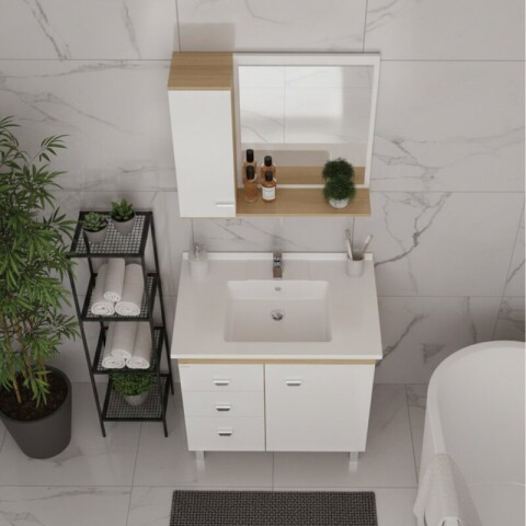 Conjunto de Baño Completo Elisa (56cm) | Mueble de Pie con 3 Cajones, Bacha y Espejo Conjunto de Baño Completo Elisa (56cm) | Mueble de Pie con 3 Cajones, Bacha y Espejo