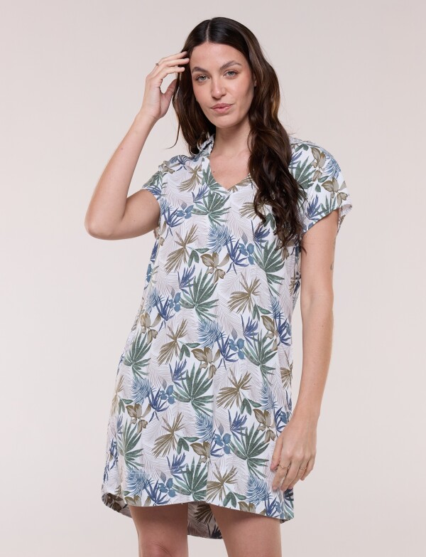 Vestido Corto Lino Cuello Camisa MULTI/AZUL