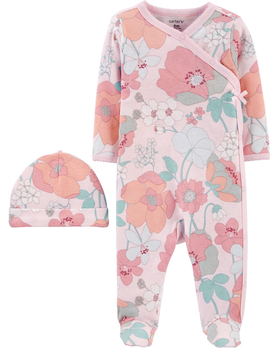 Pijama de algodón con pies y gorro diseño floral 