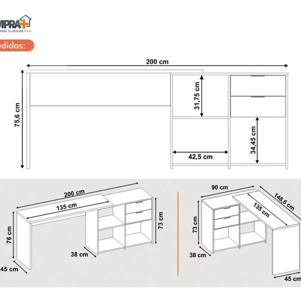 ESCRITORIO 2 CAJONES MESA PARA PC LAPTOP COMPUTADORA DOBLE MONTAJE BLANCO