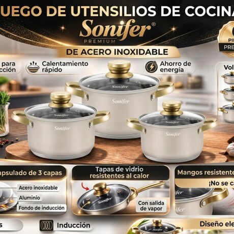 Batería De Cocina Sonifer Efecto Piedra C/tapa De Vidrio 6pc Acero
