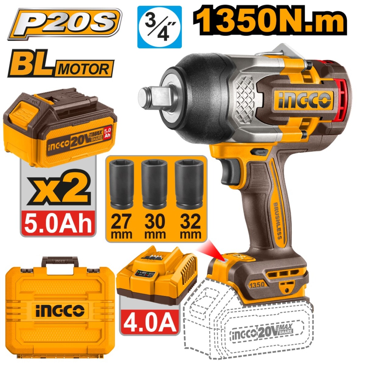 LLAVE DE IMPACTO A BATERÍA 20V P20S 3/4" 1350NM C/2BATERÍAS, 