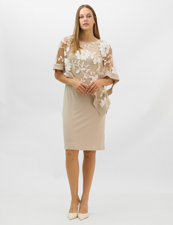 Vestido Midi Con Capa De Tul Bordado BEIGE