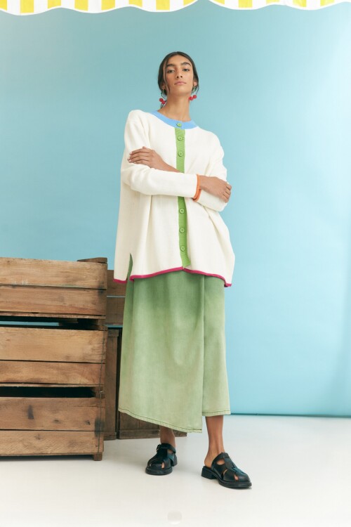Cardigan algodón puños en contraste crudo